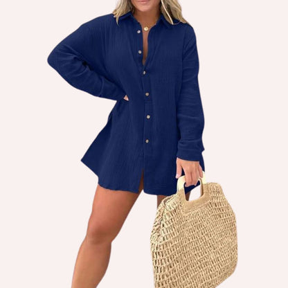 Women's Oversized Shirt Dress - Button Down - Long Sleeve - Lightweight Textured Fit