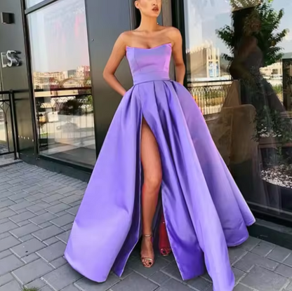 Women's Evening Gown - Strapless A-Line - Floor-Length with High Slit - Formal Wear