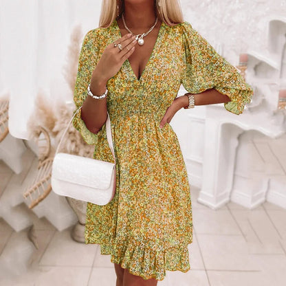 Women’s Mini Dress – Relaxed Fit – V-Neck – Puff 3/4 Sleeve – Floral – Ruffle Hem