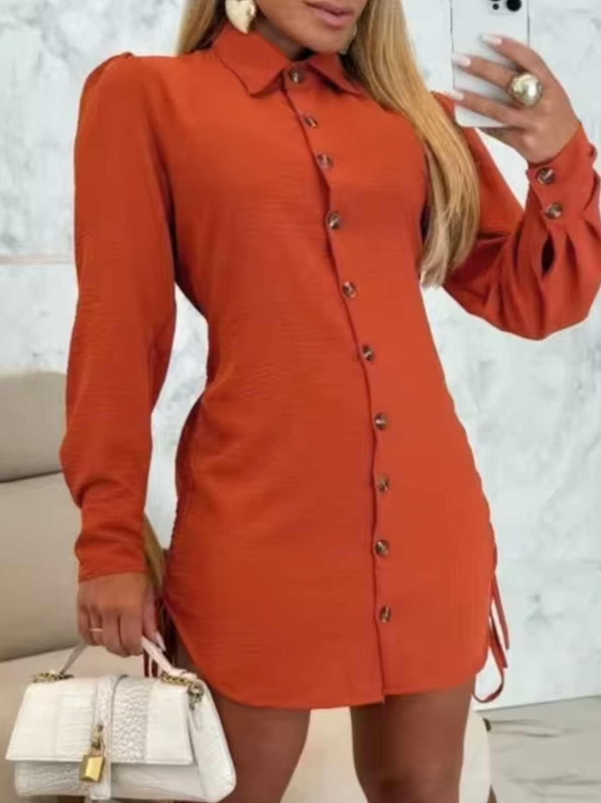 Women's Shirt Dress - Button-Down Collared - Three-Quarter Sleeve - Mini Length Tailored Fit