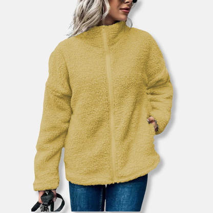 Women’s Fleece Jacket – Oversized Fit – Plush Texture – Stand Collar – Zip Front