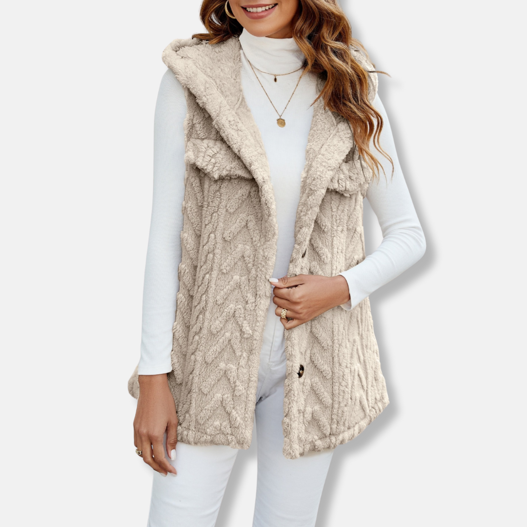Women’s Hooded Vest – Fuzzy Knit – Relaxed Fit – Button Front – Casual Layering