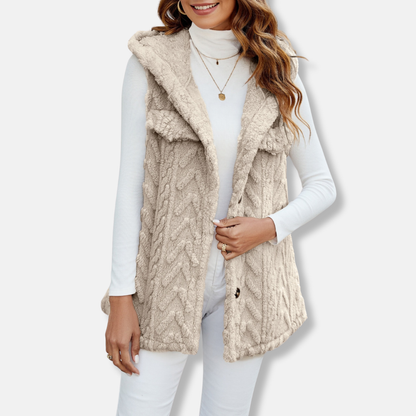 Women’s Hooded Vest – Fuzzy Knit – Relaxed Fit – Button Front – Casual Layering