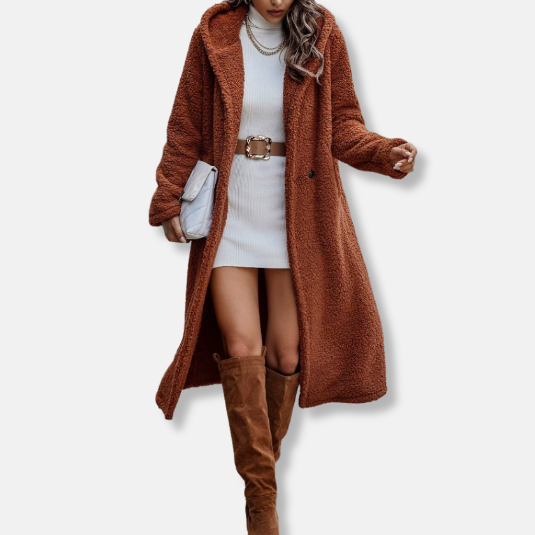 Women’s Long Coat – Plush Textured Fabric – Relaxed Fit – Hooded – Button Front