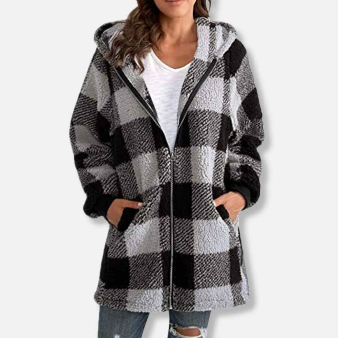 Women’s Hooded Jacket – Oversized Fit – Soft Knit – Full Zip – Checkered Mid-Thigh Length