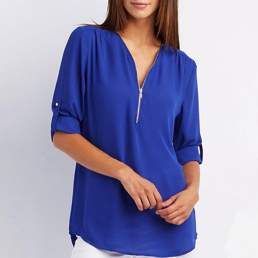 Flowy V-Neck Roll-Tab Sleeve Blouse