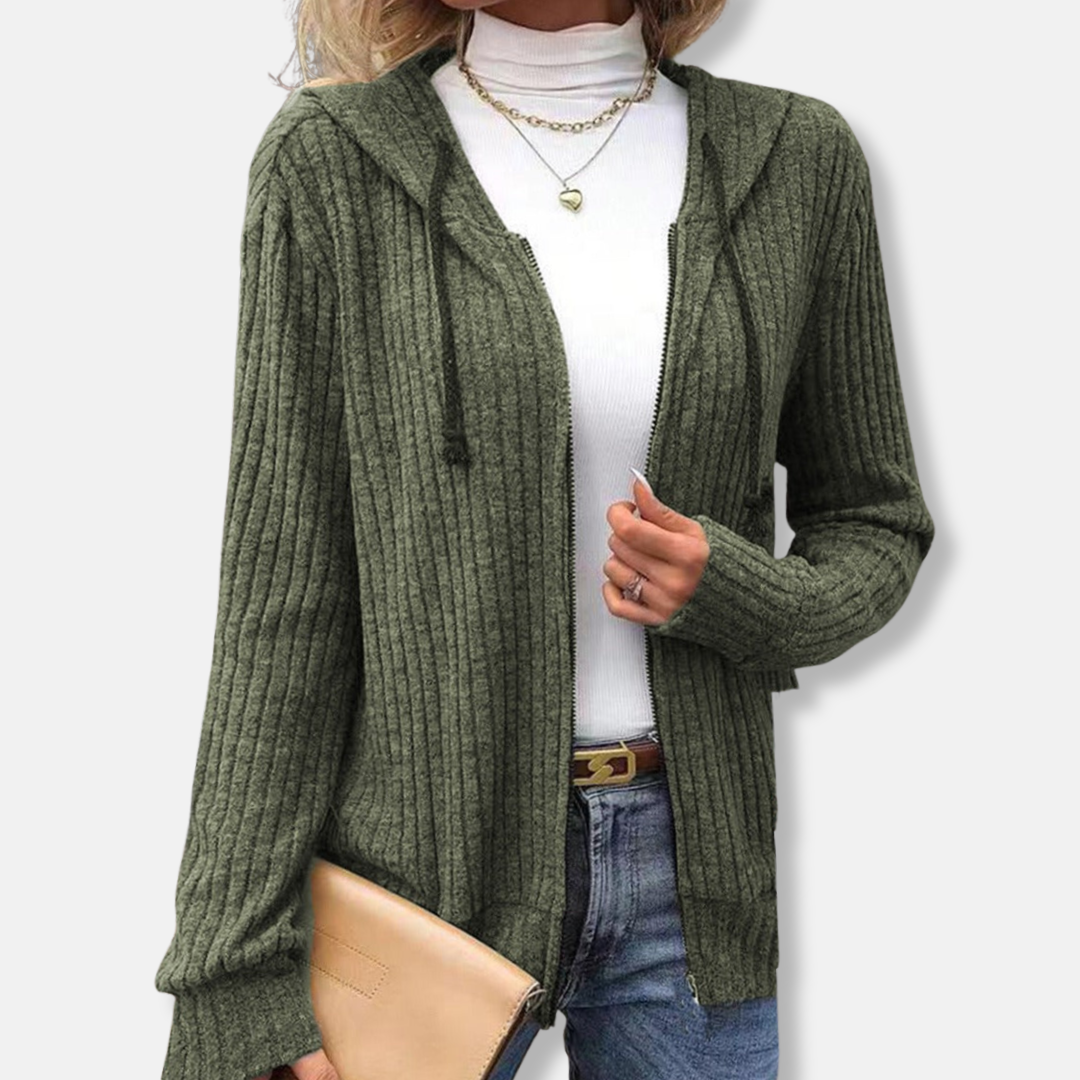 Isabella Wool Hooded Knit Cardigan | Ribbed Texture Zipper Front Cardigan