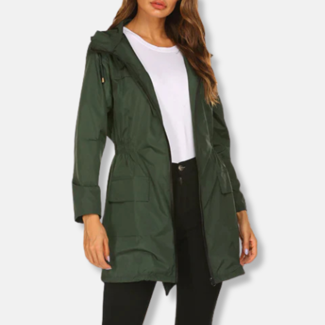 Isla Hooded Rain Jacket | Zip Closure Drawstring Waist Jacket