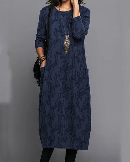 Women's Long-Sleeve Midi Dress - Loose Fit - Round Neck - Casual with Pockets