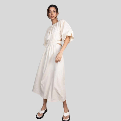 Women's Midi Dress - Puff Sleeve - Cut-Out Waist - A-Line Flowy Silhouette