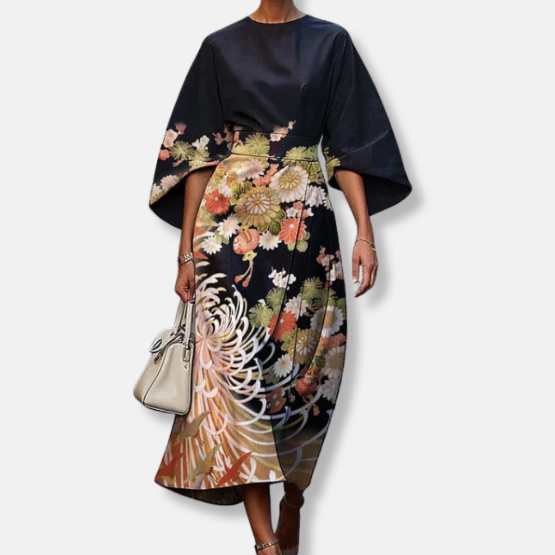 Women’s Midi Dress – A-Line Fit – Luxury Fabric – Kimono Sleeves – Floral Design