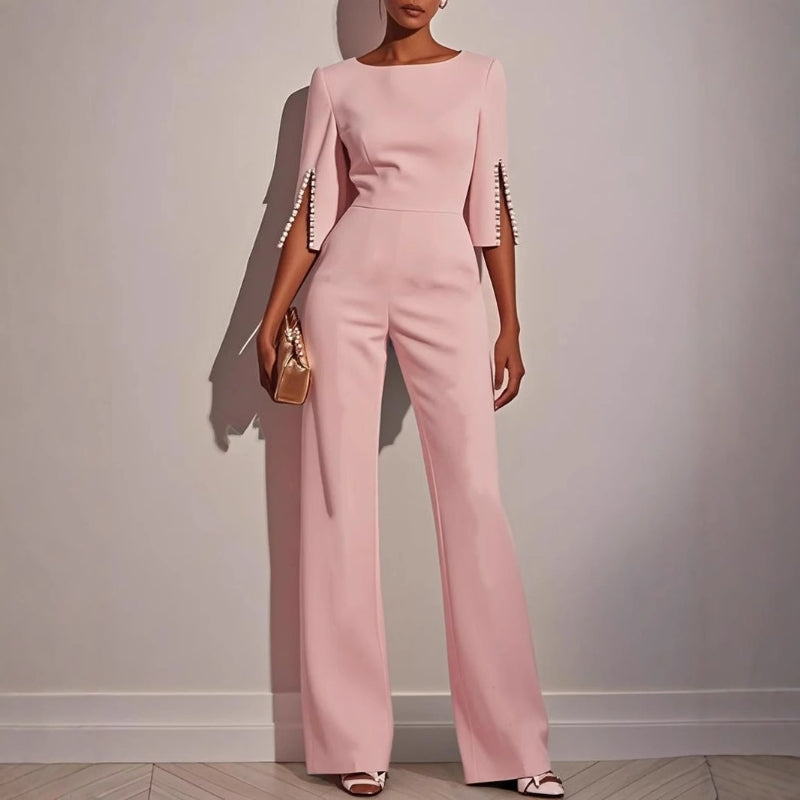 Isla Fitted Jumpsuit | Pearl Embellishments Three-Quarter Sleeve Jumpsuit