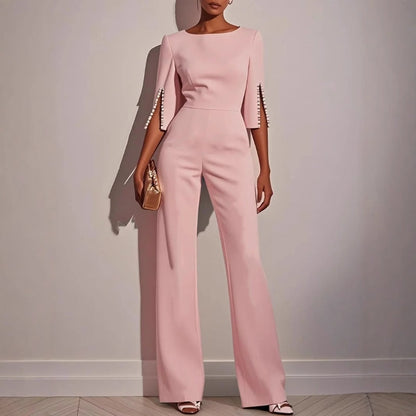 Isla Fitted Jumpsuit | Pearl Embellishments Three-Quarter Sleeve Jumpsuit