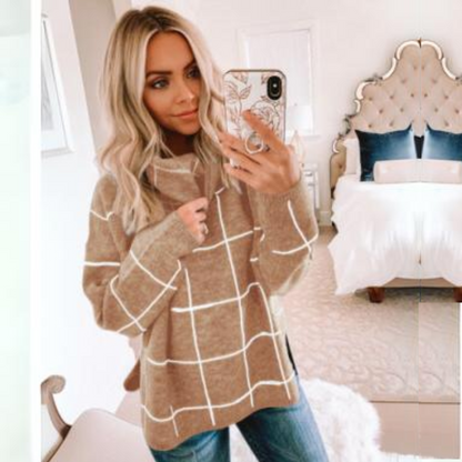 Women's fashion spliced high neck check sweater