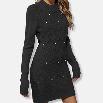 Women’s Knit Dress – Slim Fit – Mock Neck – Long Sleeve – Mini Length – Geometric Texture