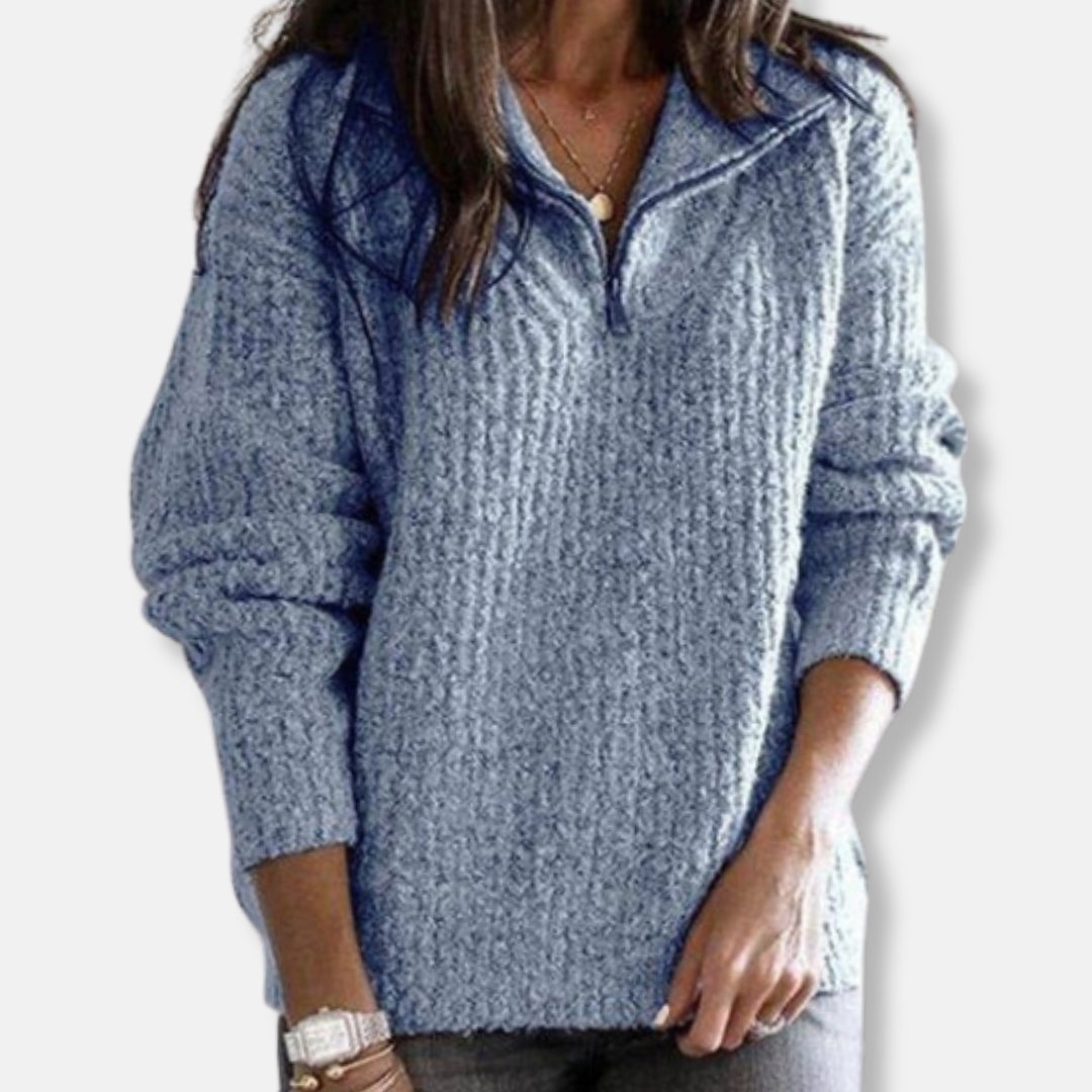 Isla Ribbed Half-Zip Pullover Sweater | Collared Relaxed Fit Sweater