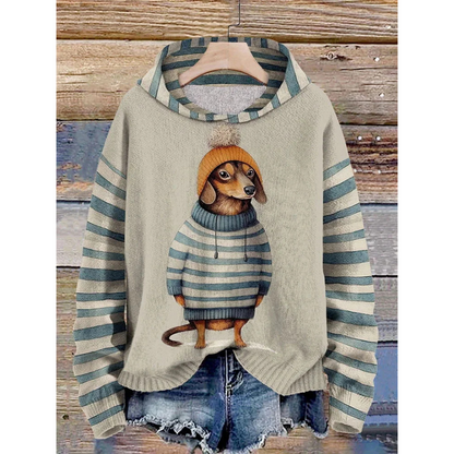 Women’s Hoodie – Relaxed Fit – Fleece Feel – Cartoon Dog Graphic – Striped Sleeves