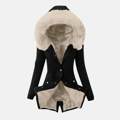 Women’s Jacket – Slim Fit – Plush-Lined Hood – Adjustable Waist – Mid-Length – Button Front