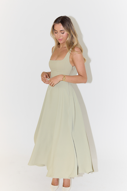 Women’s Midi Dress – Satin Finish – Fitted Bodice – A-Line – Square Neckline