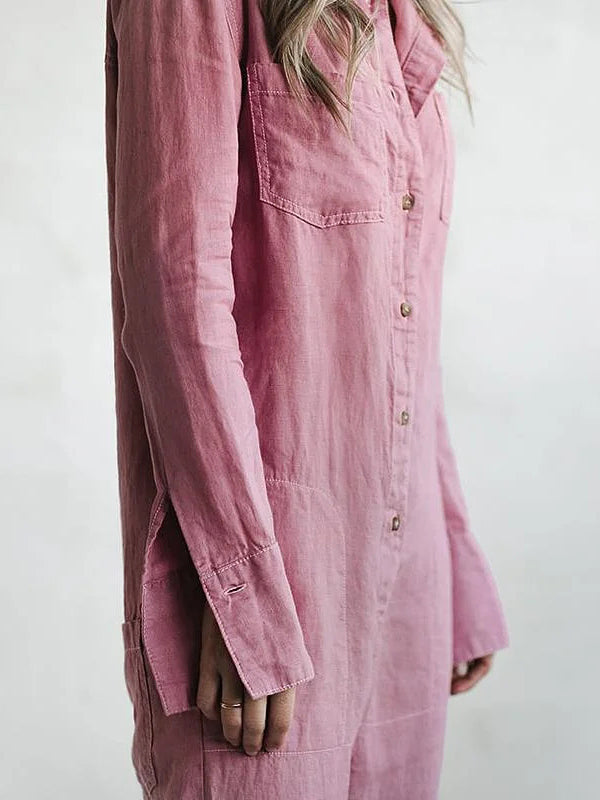 Women's Linen Jumpsuit - Button Down - Relaxed Fit - Long Sleeve - Breathable Fabric
