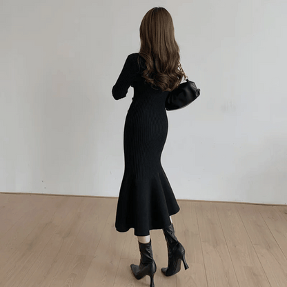 Women's Rib-Knit Mermaid Dress - Long Sleeve - Fitted Elegant Button Detail