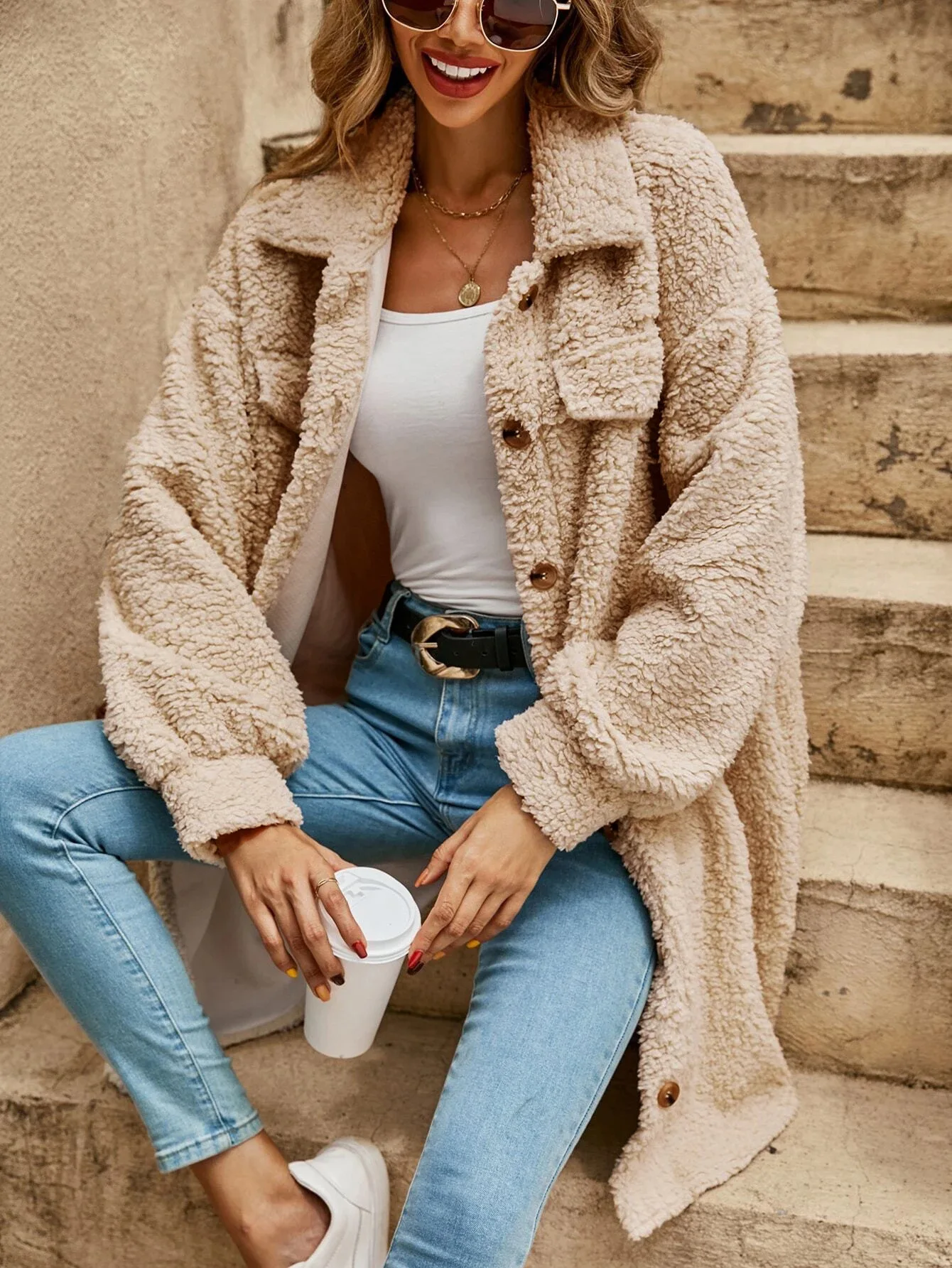 Women’s Teddy Coat - Sherpa Fleece - Oversized Fit - Button Front - Longline Casual Style