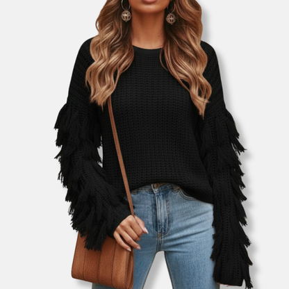 Isla Ribbed Fringe Hip-Length Sweater | Crewneck Relaxed Fit Sweater