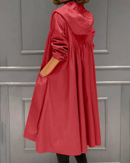Women's Long Hooded Coat - Relaxed Fit - Zipper Closure - Casual Everyday Wear