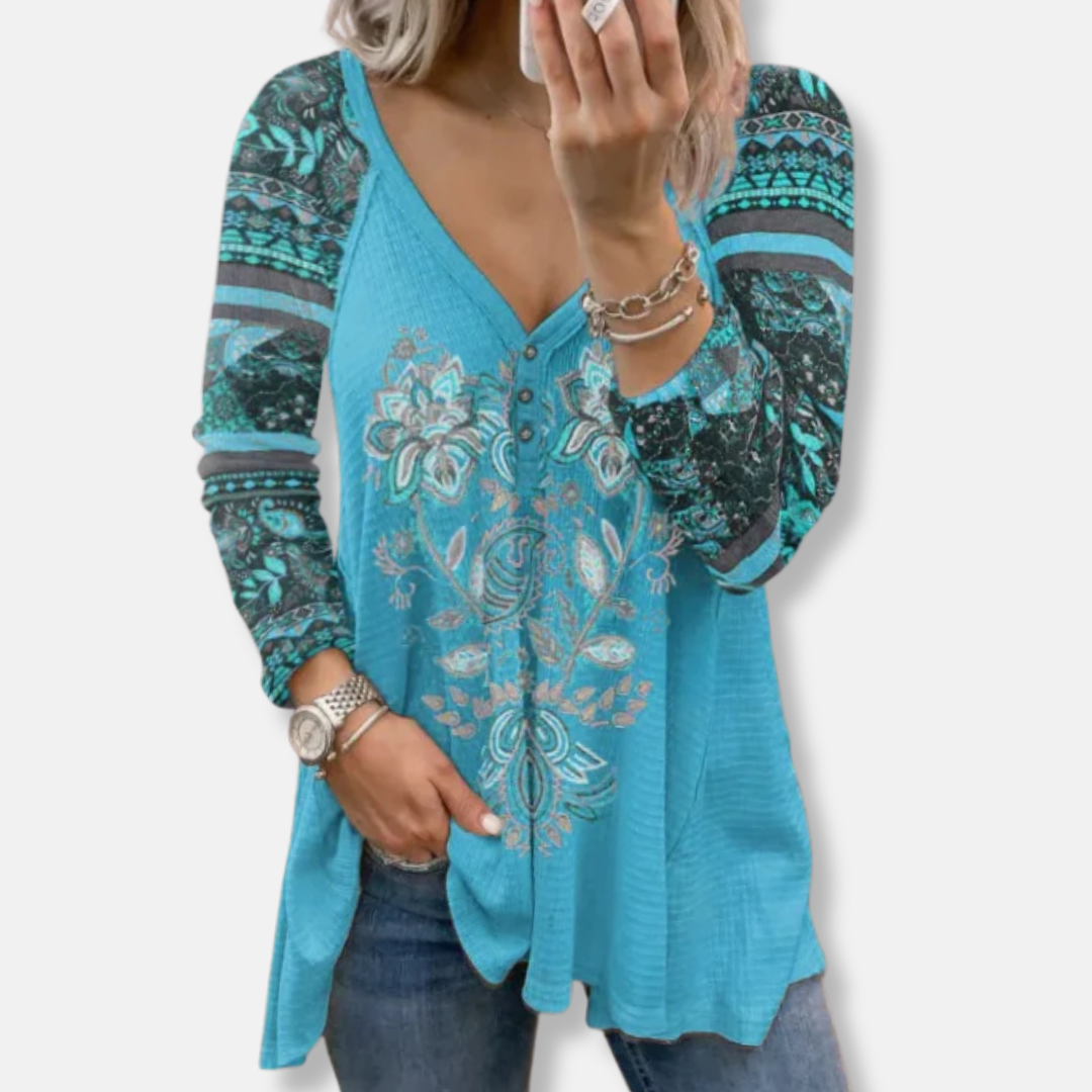 Freya Loose Fit Long Sleeve T-Shirt | V-Neck Button Front T-Shirt