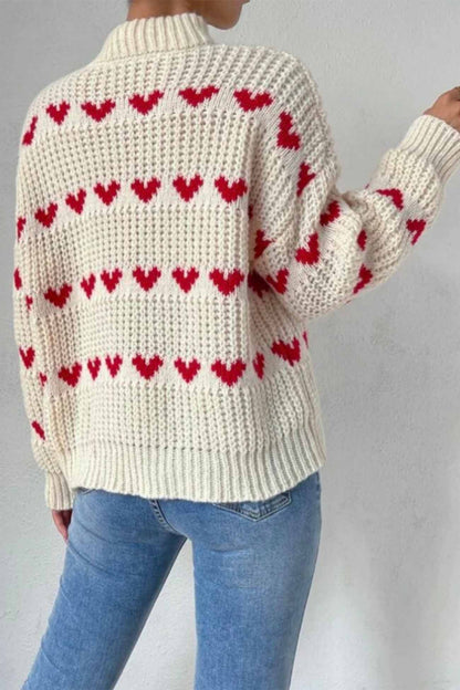 Women's Knitted Sweater - Chunky Knit - Mock Neck - Relaxed Fit - Heart Pattern