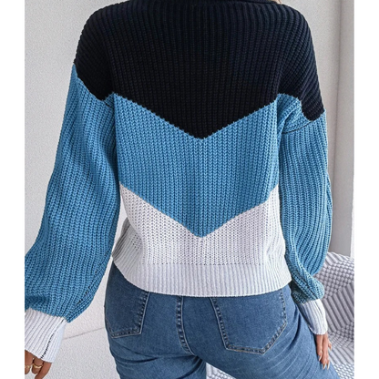 Women's contrast color lapel knitted pullover sweater