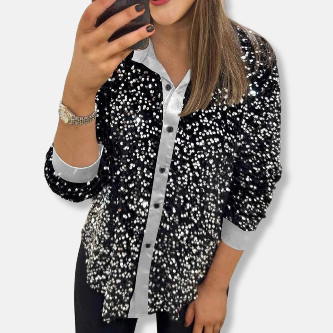 Sequin Relaxed Fit Button-Up Long Sleeve Shirt 