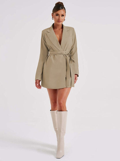 Women's Blazer Dress - V-Neck Tailored Fit - Long Sleeve with Self-Tie Belt - Short Length