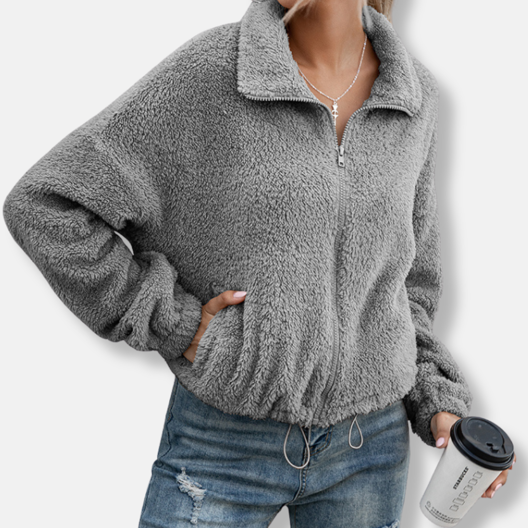 Sienna Fleece Cropped Relaxed Fit Jacket | Collared Long Sleeve Jacket