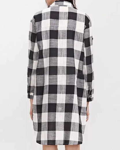 Women's Plaid Tunic Shirt - Oversized Fit - Button-Up Long Sleeve Casual Wear