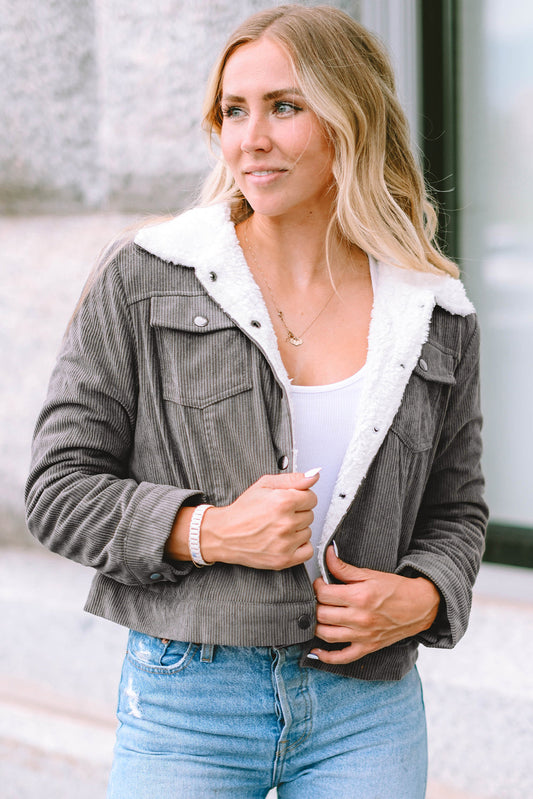 Faux Shearling Collar Cropped Corduroy Jacket