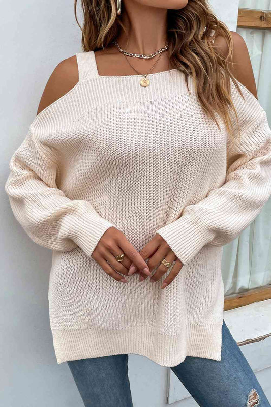 Ribbed Cold Shoulder Long Sleeve Top