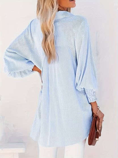 Women's Button-Down Shirt - Oversized Fit - Pinstripe Long Sleeve - Classic Collar