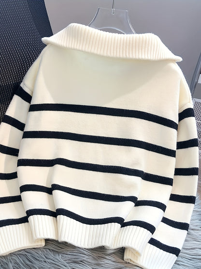 Striped quarter-zip pullover sweater with ribbed collar for women