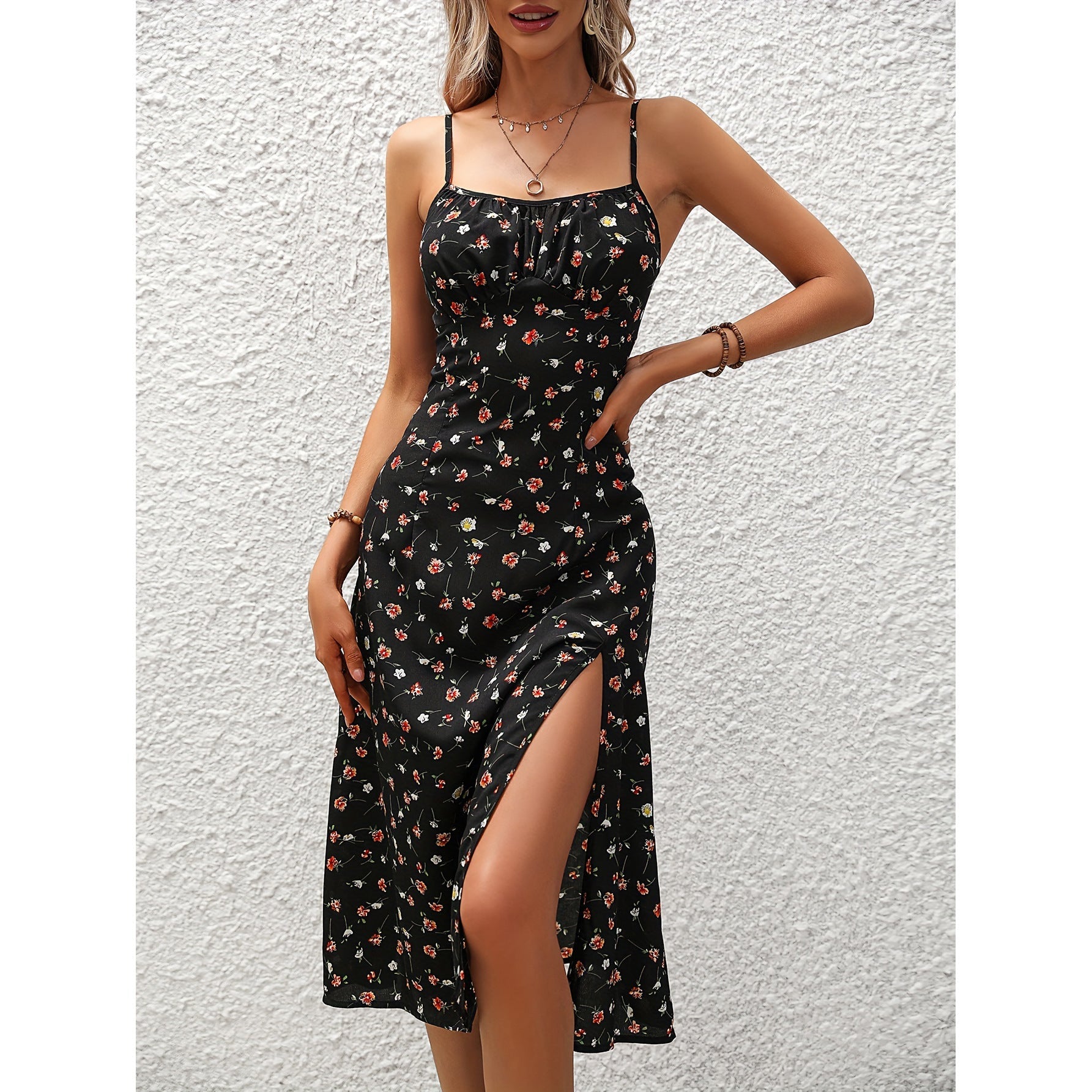 Slit Detail Spaghetti Strap Midi Dress