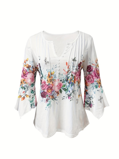 Women's V-Neck Blouse - Scalloped Trim - A-Line Fit - Button Down - 3/4 Sleeve