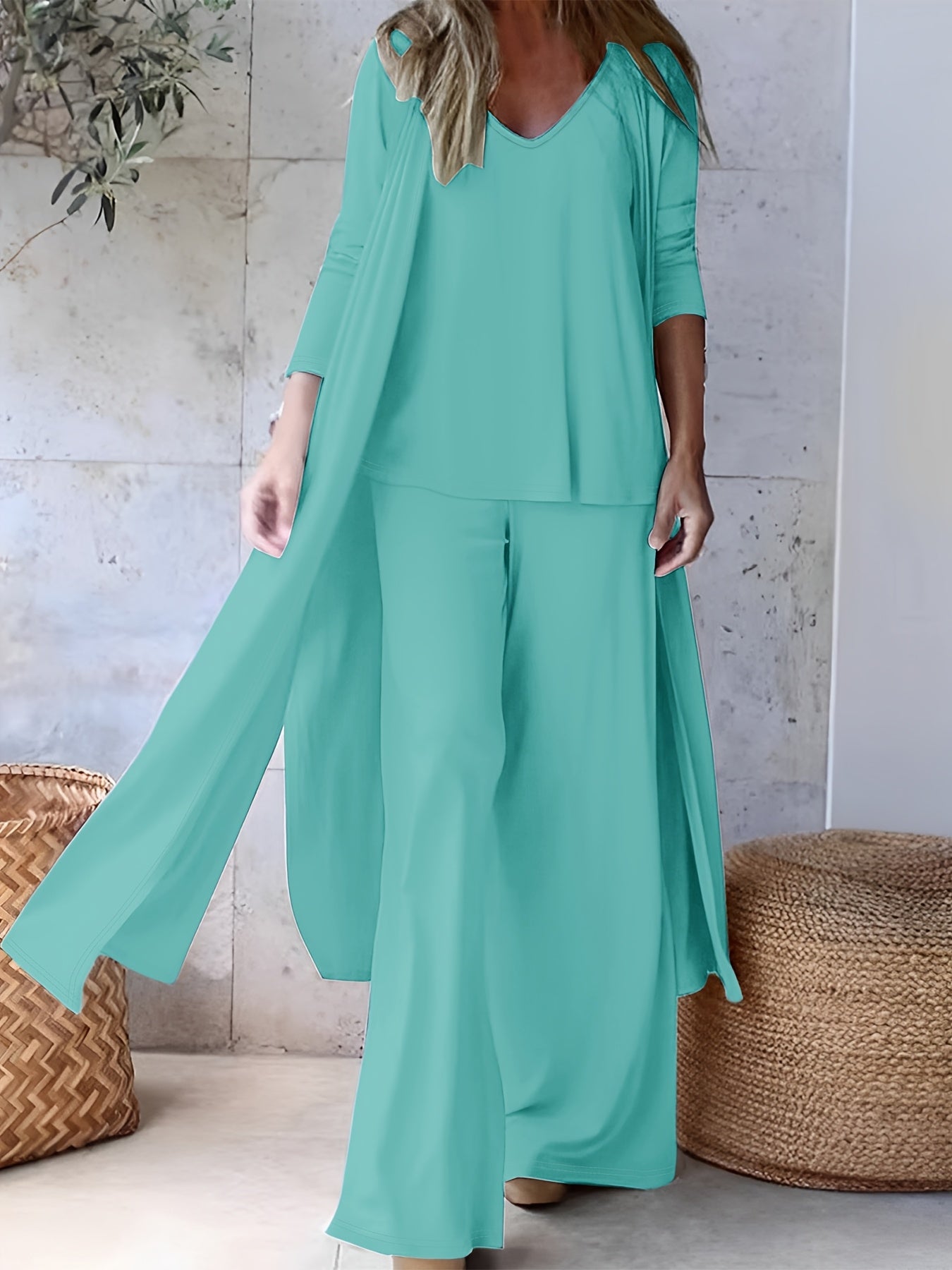 Three-piece v-neck suspenders straight trousers cardigan suit for women