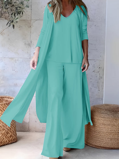 Three-piece v-neck suspenders straight trousers cardigan suit for women