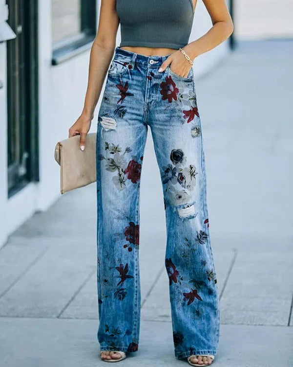 Distressed 3D Floral Print Straight Leg Jeans 