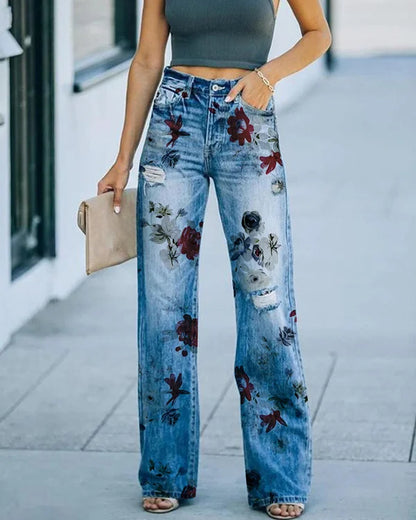 Women’s Jeans – Regular Fit – High Rise – Distressed Straight Leg – 3D Floral Print