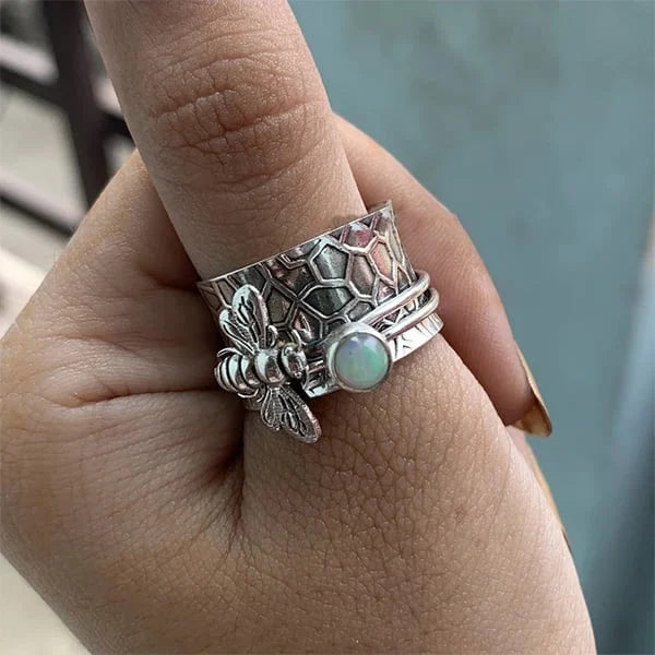 Unique bee gemstone meditation spinner ring