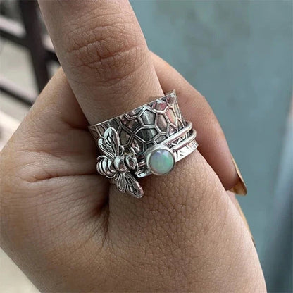 Unique bee gemstone meditation spinner ring