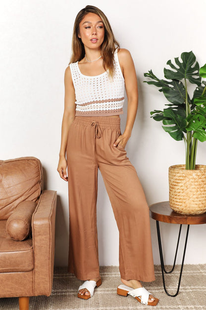 Lia - double take drawstring smocked waist wide leg pants