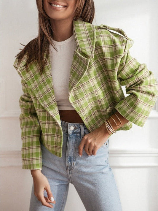 Plaid Print Woolen Suit Collar Coat