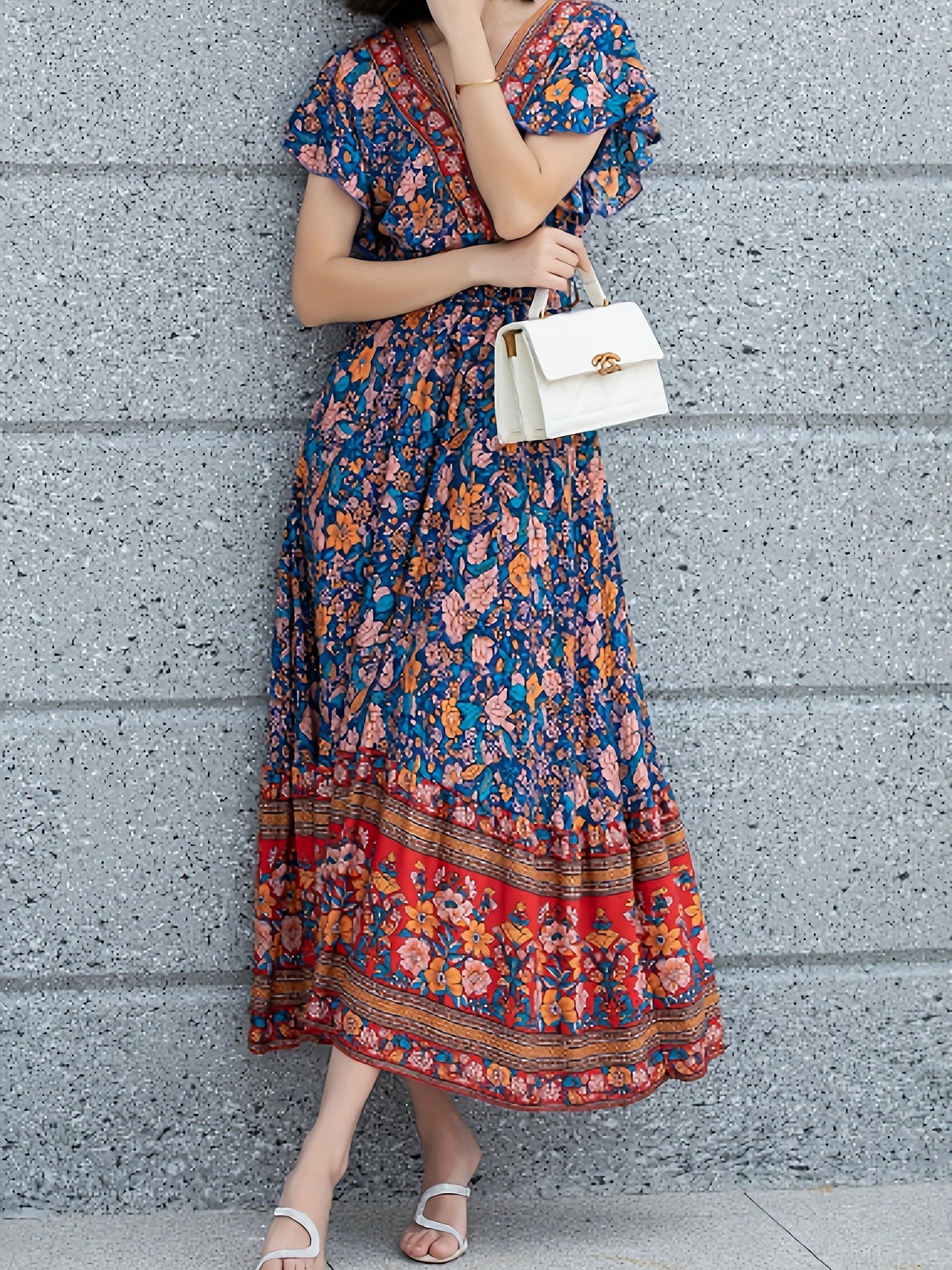 Women’s Maxi Dress - Bohemian Wrap Style - Floral Print - Short Ruffled Sleeves